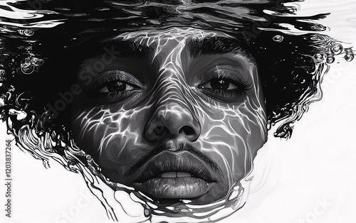 Artistic Monochrome Portraits of Faces Submerged in Water with Dramatic Abstract Effects and Emotional Intensity photo