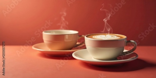 Wallpaper Mural Two steaming cups of coffee with latte art, served on saucers, presented against a warm coral background.  A moment of quiet enjoyment and warmth. Torontodigital.ca