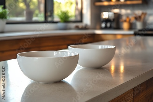 White bowls placed on a marble countertop in a modern kitchen during daylight...