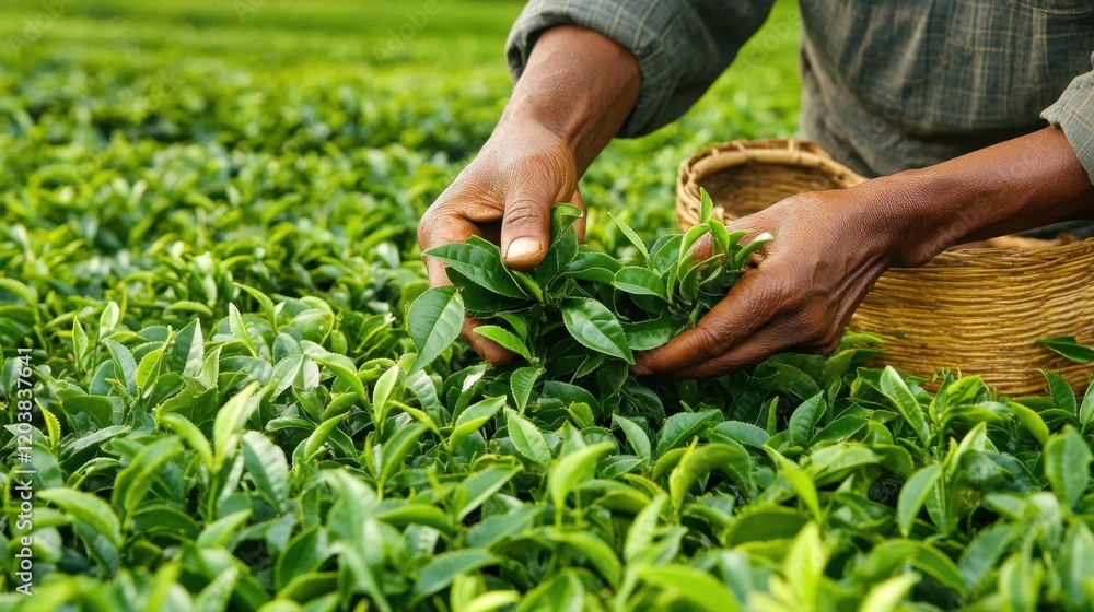 Hands of a Person Picking Fresh Green Tea Leaves in a Field Hands of a Person Picking Fresh Green Tea Leaves in a Field