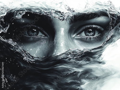 Artistic Monochrome Portraits of Faces Submerged in Water with Dramatic Abstract Effects and Emotional Intensity photo