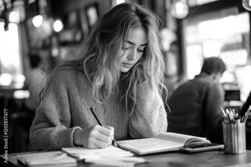 Young woman writing in a journal at a cozy indoor workspace surrounded by nat...