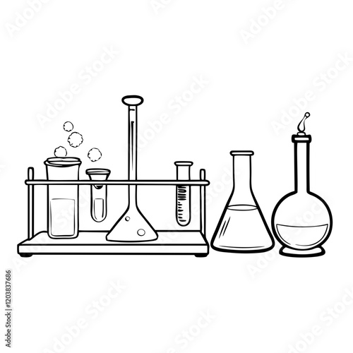 Line drawing of laboratory glassware including test tubes and flasks on a white background