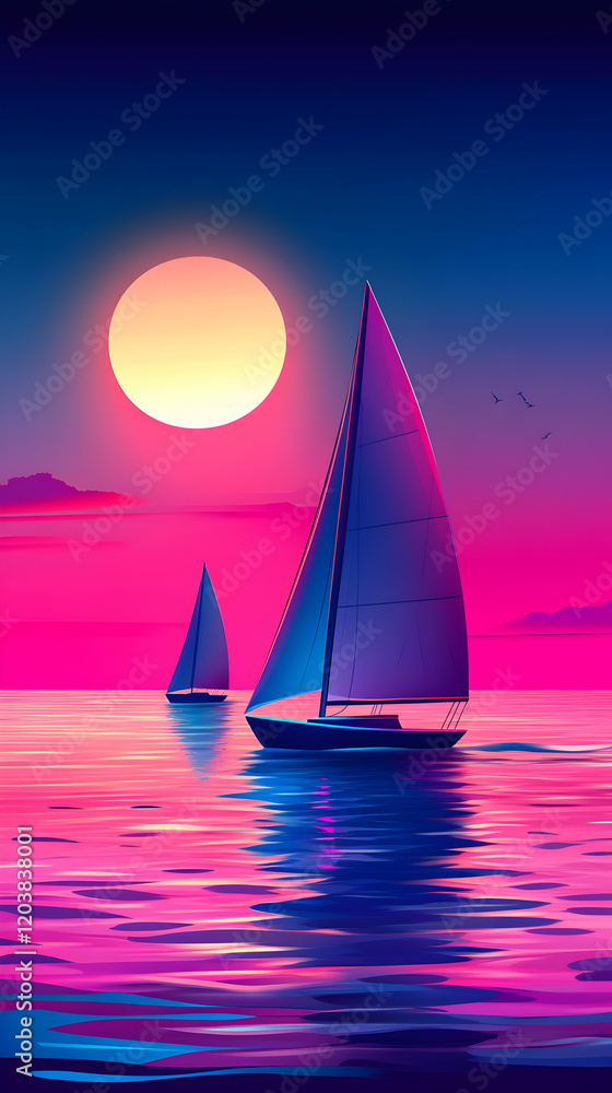 Fototapeta premium Two sailboats gracefully glide across a vibrant ocean under a large, setting sun, casting a mesmerizing pink and purple glow on the water.