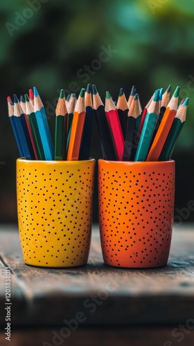Colorful art supplies in bright pots on a wooden table surrounded by greenery