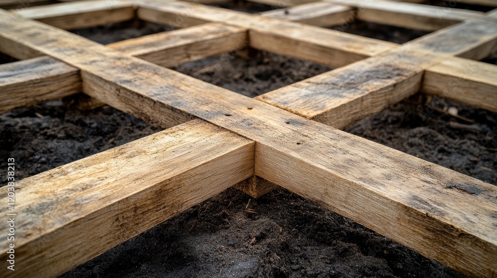 Wooden Grid Structure on Soil Ground Wooden Grid Structure on Soil Ground