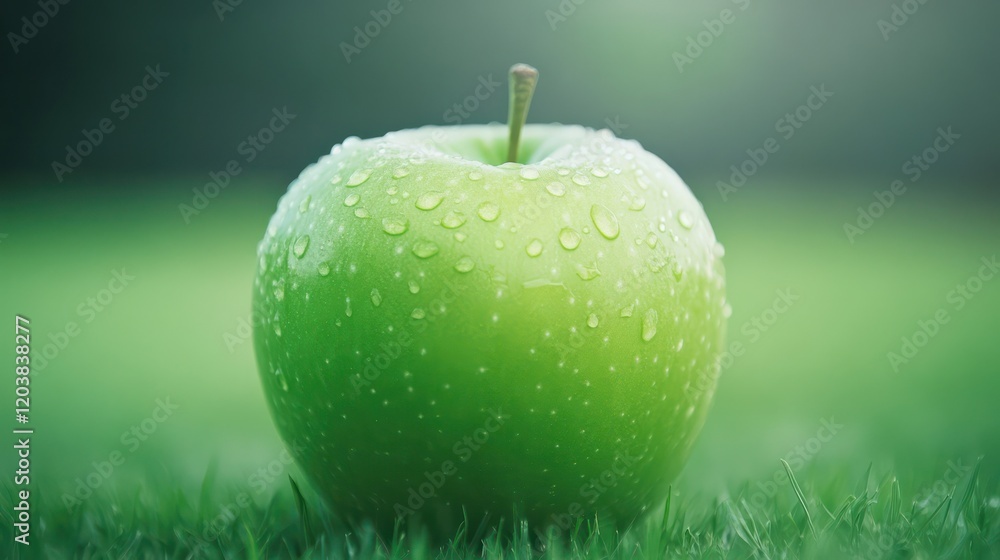 Green Apple with Water Droplets on Glossy Surface on Fruity Background Green Apple with Water Droplets on Glossy Surface on Fruity Background