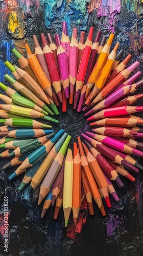 Colorful collection of colored pencils arranged in a circular pattern on text...