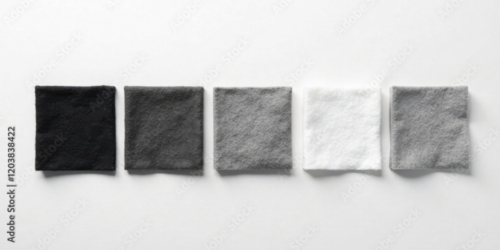 Fototapeta premium A grayscale collection of soft, textured fabric swatches arranged in a neat row against a clean white background showcasing a spectrum of subtle shades
