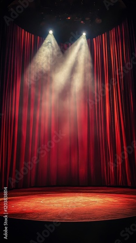 Light shining through red velvet curtains in a dark theater setting with smoke