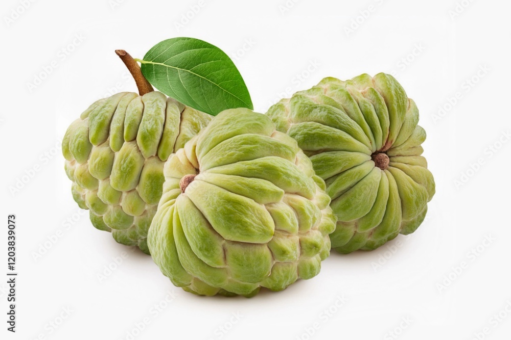 Fototapeta premium Sugar apple or custard apple isolated on white background. Exotic tropical Thai annona or cherimoya fruit.