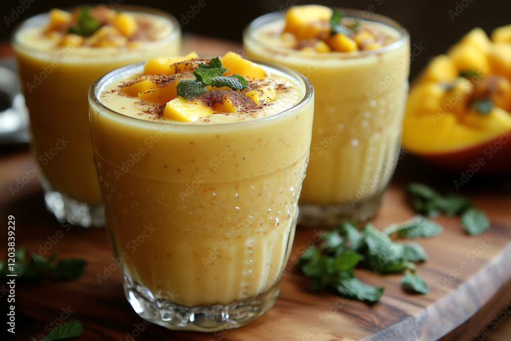 Refreshing Mango Smoothie in Glassware on Wooden Board Refreshing Mango Smoothie in Glassware on Wooden Board