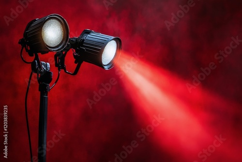 Bright red stage lights create dramatic atmosphere for performance in a dimly...