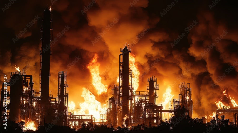 Naklejka premium Petrochemical plant fire, fierce flames, machinery surrounded by dark smoke and heat.