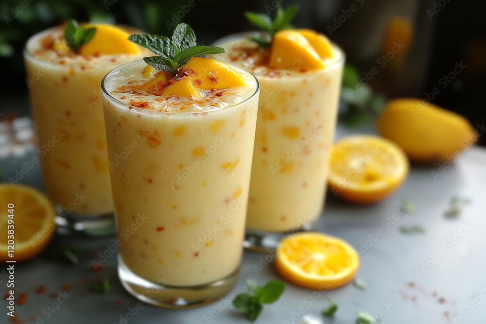 Refreshing Mango Smoothies with Chili and Mint Garnish Refreshing Mango Smoothies with Chili and Mint Garnish
