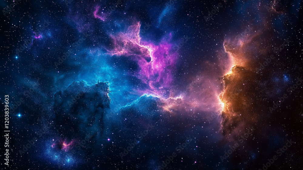 Fototapeta premium Cosmic Symphony: A mesmerizing view of a vibrant nebula in the deep expanse of space. Swirling clouds of cosmic gas and dust illuminate the darkness, a kaleidoscope of colors painting a cosmic canvas.