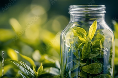 Fresh green tea leaves in a glass jar amidst lush tea plantation during daylight