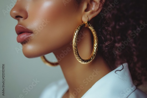 Close-up of a woman showcasing her beauty with hoop earrings against a vibran...