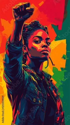 Illustration of black woman raising her fist with determination. Black History Month vertical banner