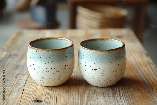 Ceramics displayed on a wooden table in a cozy cafe setting during the mornin...