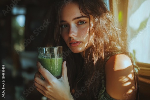 Young woman enjoying a refreshing green smoothie in a bright cafe setting dur...