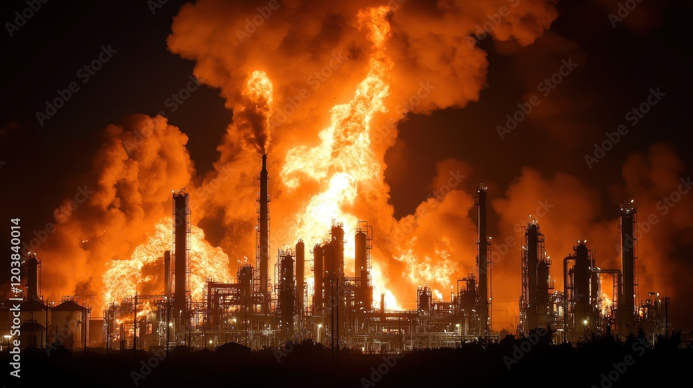 Obraz premium Petrochemical plant consumed by flames, thick smoke billowing, intense heat from explosion.