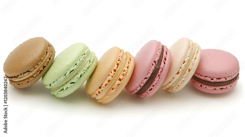 Delightful selection of pastel macarons arranged in row, showcasing various flavors and colors Delightful selection of pastel macarons arranged in row, showcasing various flavors and colors