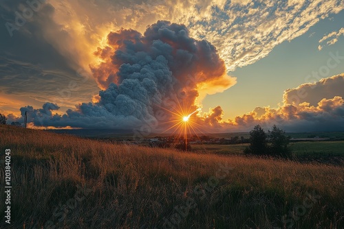 Dramatic sunset over clouds lighting up the sky in a serene landscape