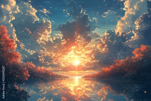 Dramatic sunset over clouds lighting up the sky in a serene landscape