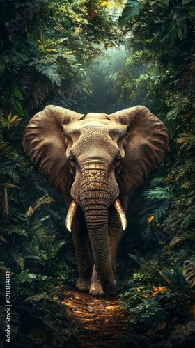 Majestic elephant wandering through a lush green jungle during the early morn...