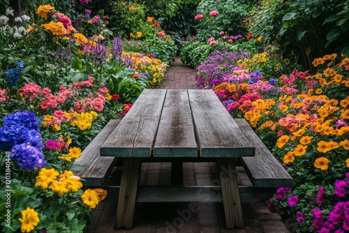 Vibrant flower garden with rustic wooden table in a lush outdoor setting duri...
