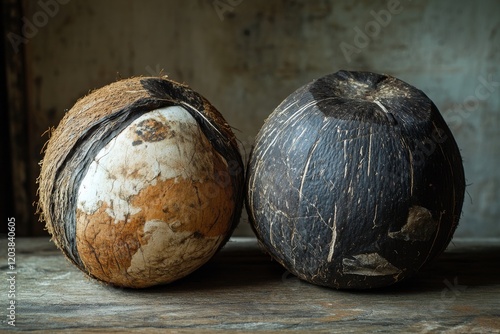 Two decorative coconut shells displayed on a wooden table in a calm indoor se...