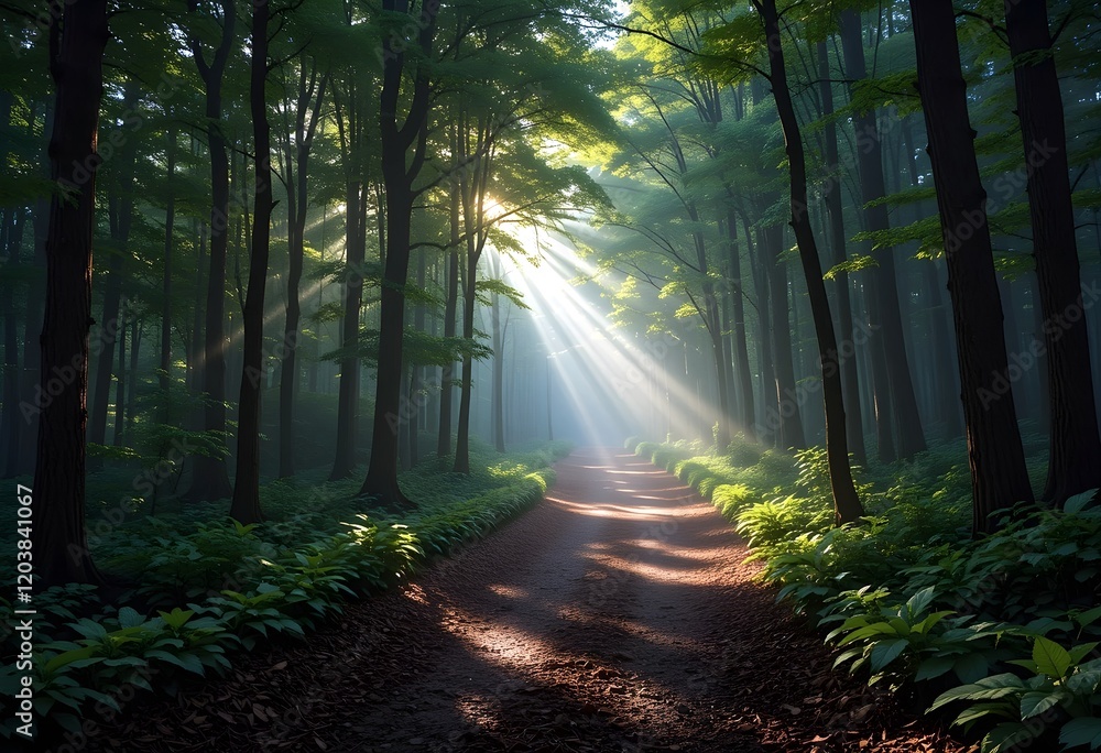 Obraz premium A sunlit trail running through a dense forest