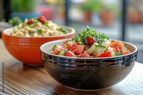 Delicious roasted vegetables and seared fish served in stylish bowls at a tre...