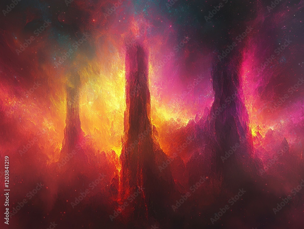 Fototapeta premium A celestial mountain range glowing under a galaxy-filled sky. Rivers of liquid gold carve intricate patterns through the radiant cliffs, while floating islands adorned with shimmering flora 