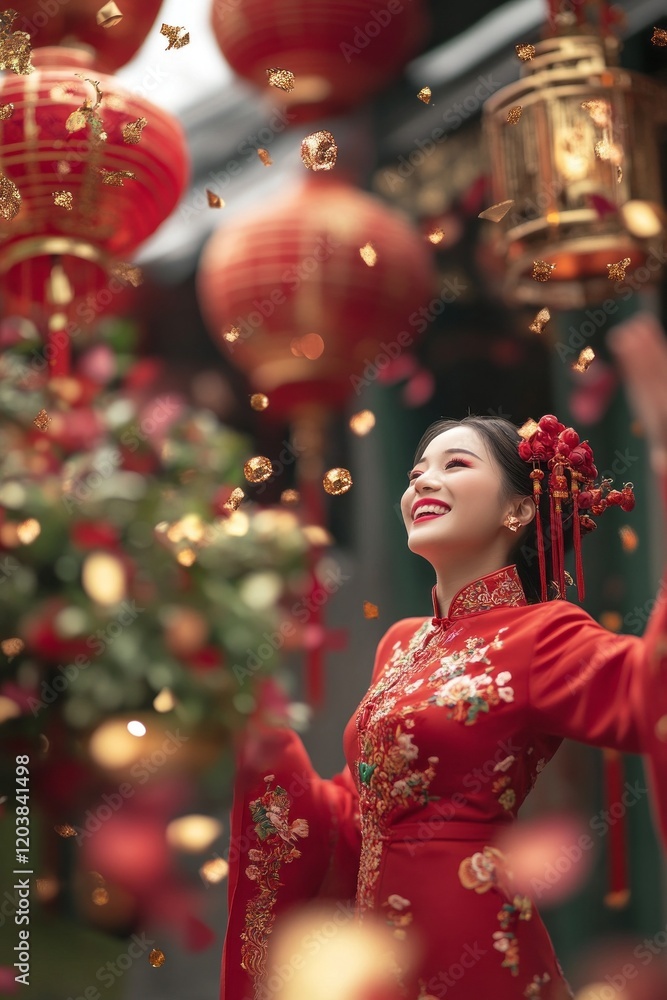 A young Asian woman in a vibrant red dress celebrates joyfully amidst falling confetti and festive lanterns. A young Asian woman in a vibrant red dress celebrates joyfully amidst falling confetti and festive lanterns.