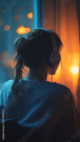 Young woman enjoys music with headphones while relaxing by a window with warm...