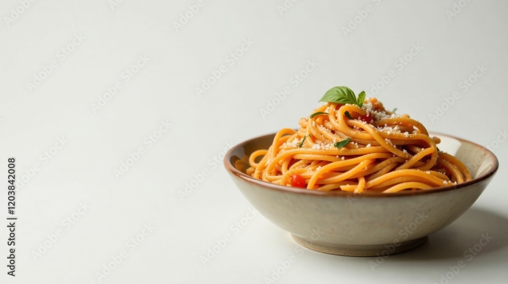 Aromatic pasta dish with tomato sauce, basil, and parmesan cheese, served in an elegant bowl on a white background Aromatic pasta dish with tomato sauce, basil, and parmesan cheese, served in an elegant bowl on a white background