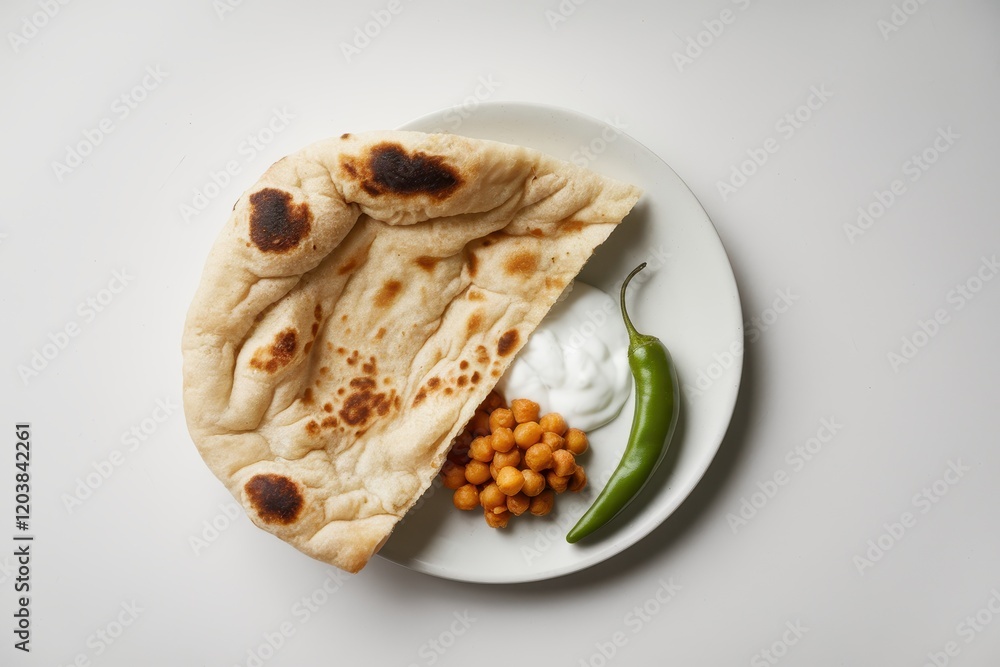 Naan bread chickpeas yogurt and chili pepper on a plate