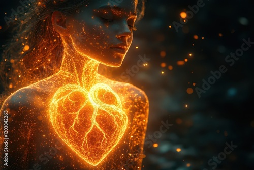 a bioluminescent anatomical heart floating in dark space wrapped in ethereal golden threads with shimmering particles and soft light rays creating an otherworldly glow