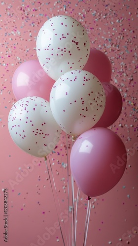 Colorful balloons with confetti highlight a festive celebration backdrop