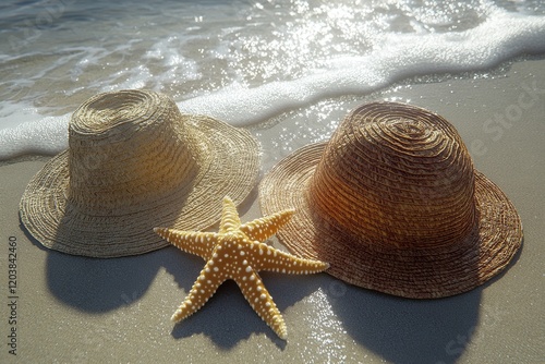 Two straw hats and a starfish resting on sandy beach shore with gentle ocean ...