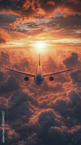 Airplane flying above clouds during a vibrant sunset illuminating the sky wit...