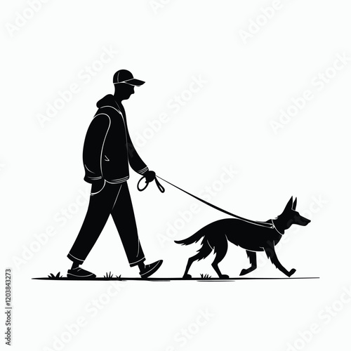 A black silhouette of a man walking his dog on a leash