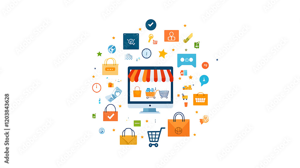 E commerce store icons and symbols surround computer screen, showcasing online shopping E commerce store icons and symbols surround computer screen, showcasing online shopping