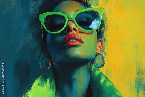 Stylish woman in vibrant green jacket and sunglasses posing against textured ...