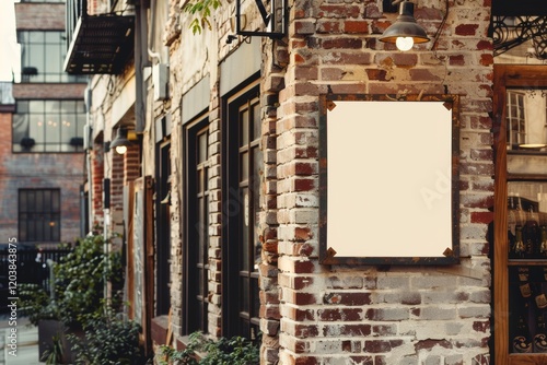 Vintage promotional banner on rustic brick wall in urban setting photo