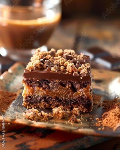 Caramel Fudge Layer Cake With Chocolate Chips And Drink On Textured Plate On Wooden Surface
