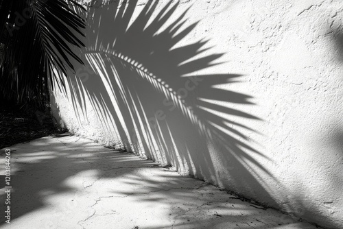 Bright green palm leaf resting against a textured white wall in natural sunlight
