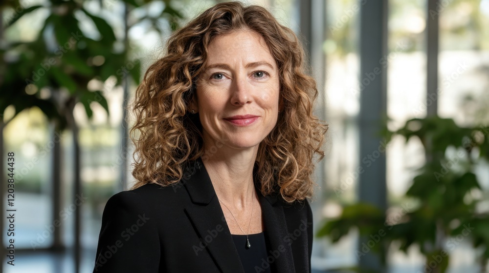 Fototapeta premium Professional woman with curly hair in modern office setting